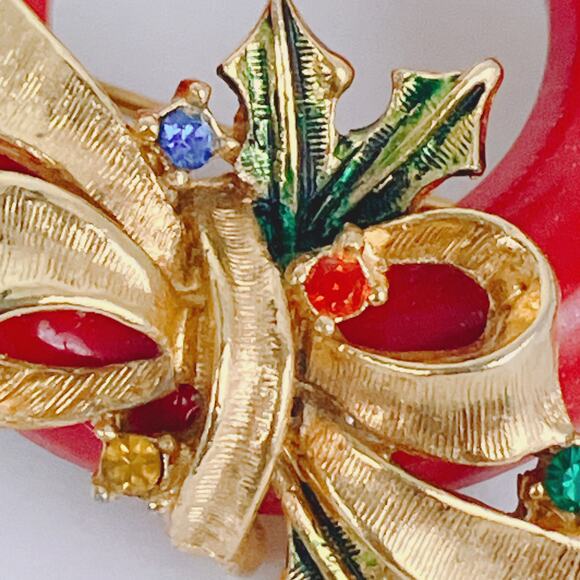 VTG Signed ART 60s Brooch Christmas Wreath Enamel Rhinestone Pin Nostalgic Retro - Picture 3 of 11